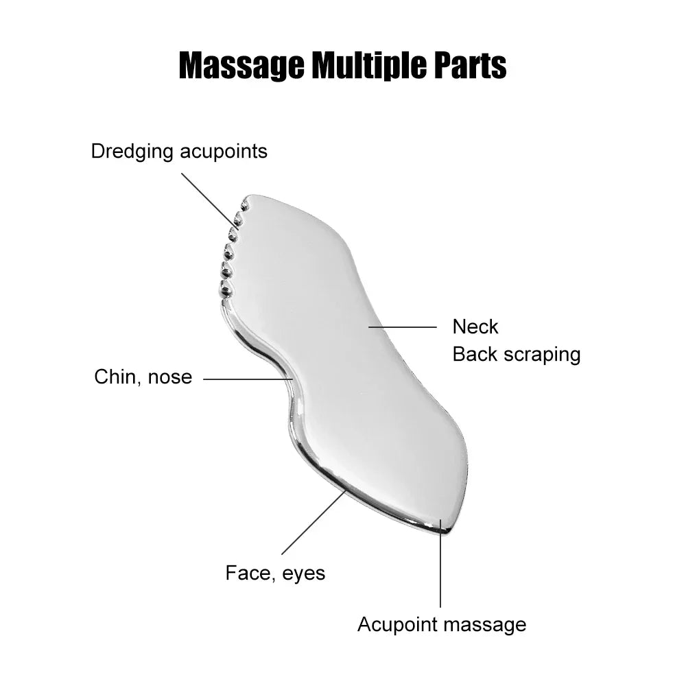 Silver stainless steel gua sha tool with labeled massage applications for the face, neck, and acupoints.