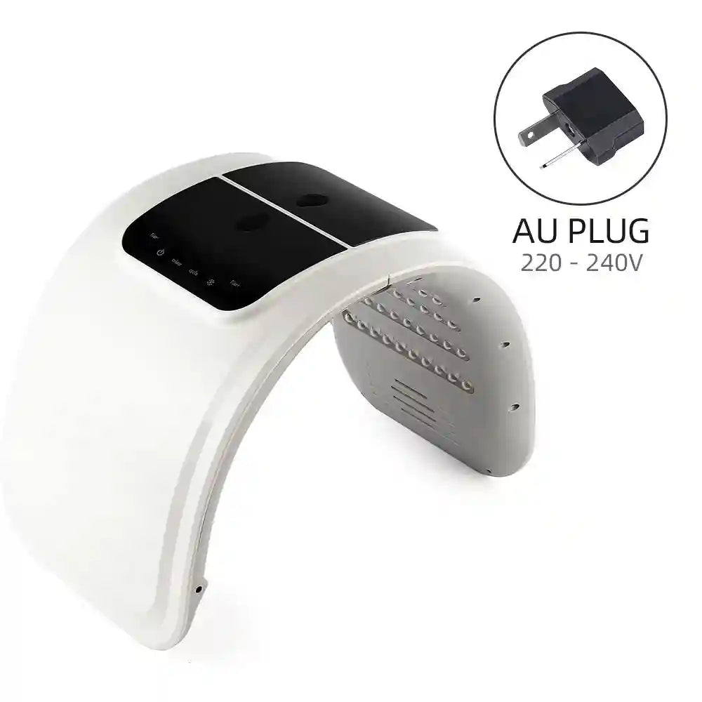 White arched PDT LED light therapy mask with black top control panel and AU power plug attachment.