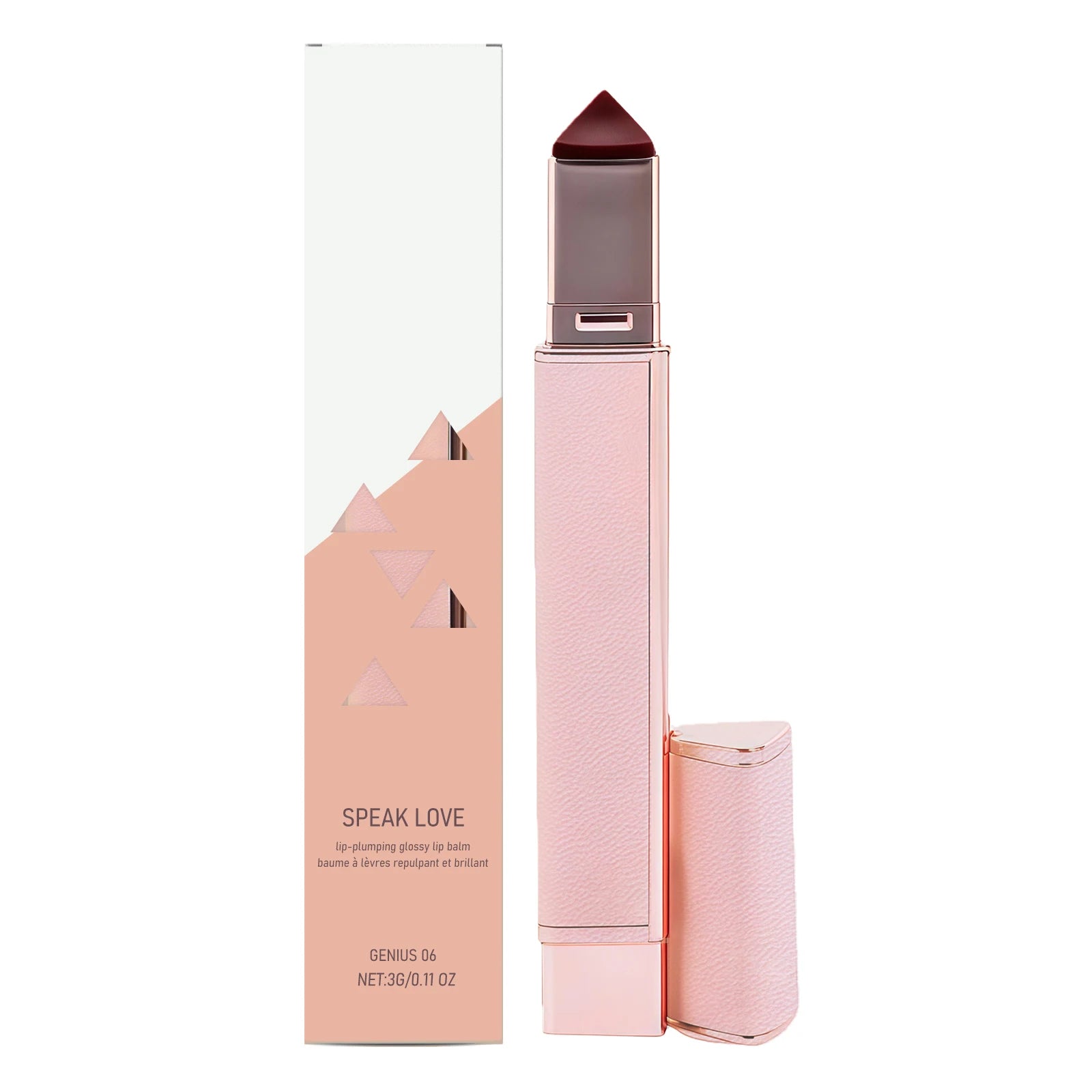 Dark red glossy lip balm stick in elegant pink textured packaging, hydrating and plumping for soft, smooth lips.
