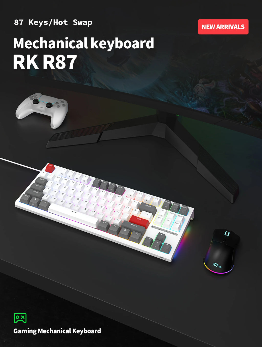 RK ROYAL KLUDGE R87 Wired Brazilian Gamer Keyboard 87 Key RGB Backlit Hot-swappable Mechanical Keyboard Customised Keycaps