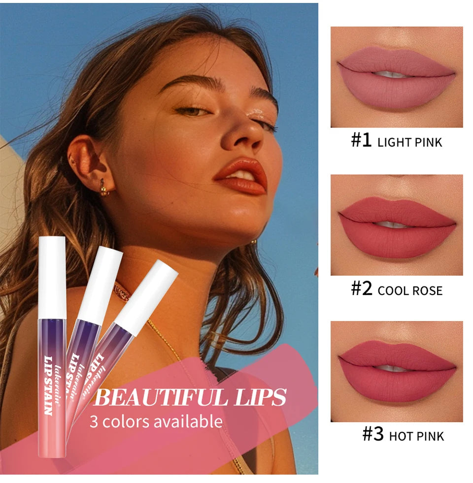 Waterproof peel-off lip stain in 3 pink shades featuring a long-lasting, transfer-proof matte finish for lips.
