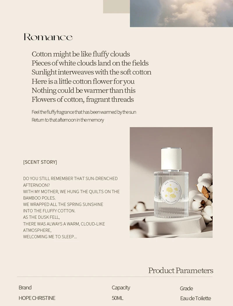 Hope Christine Warm Cotton EDT: Unisex fresh, clean soap scent in a ribbed glass bottle with a floral label.