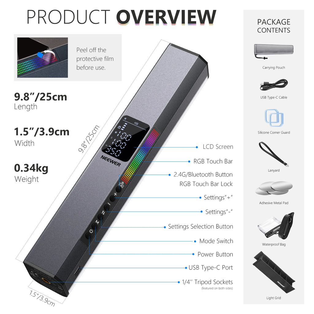Gray, handheld 9.8-inch LED light wand with an LCD screen, RGB touch bar, and side controls for photography lighting.