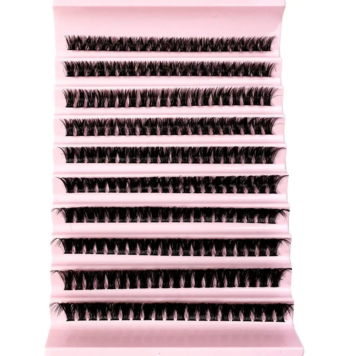 Black lash extension strips on a pink, tiered plastic tray for professional eyelash application.