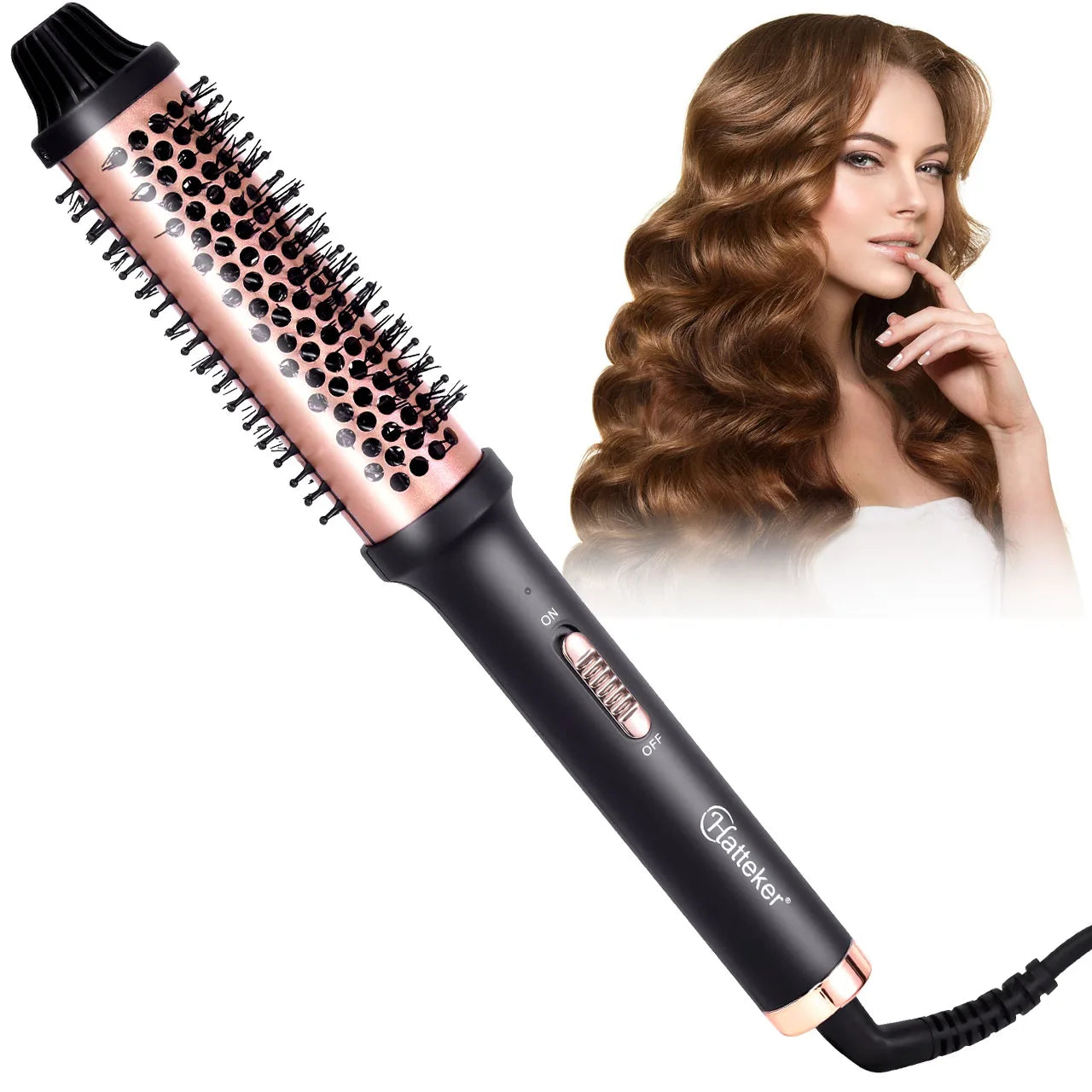 Hatteker rose gold electric curling brush for styling long or short hair with heat-resistant bristles and on-off switch.