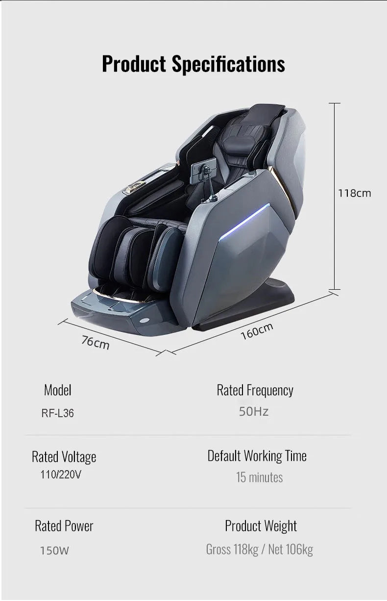 A sleek grey 4D zero-gravity massage chair with built-in control panel and dimensions shown on a light background.
