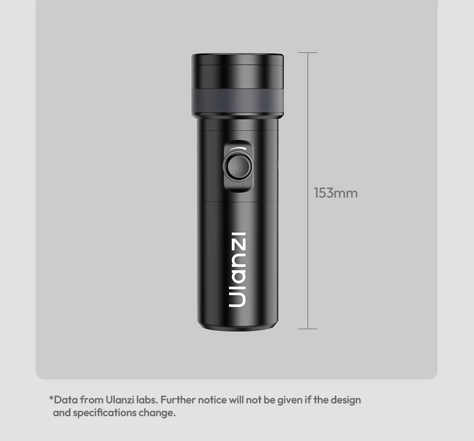 Black 153mm LED handheld flashlight with a central power button and cylindrical metal body for portable lighting.