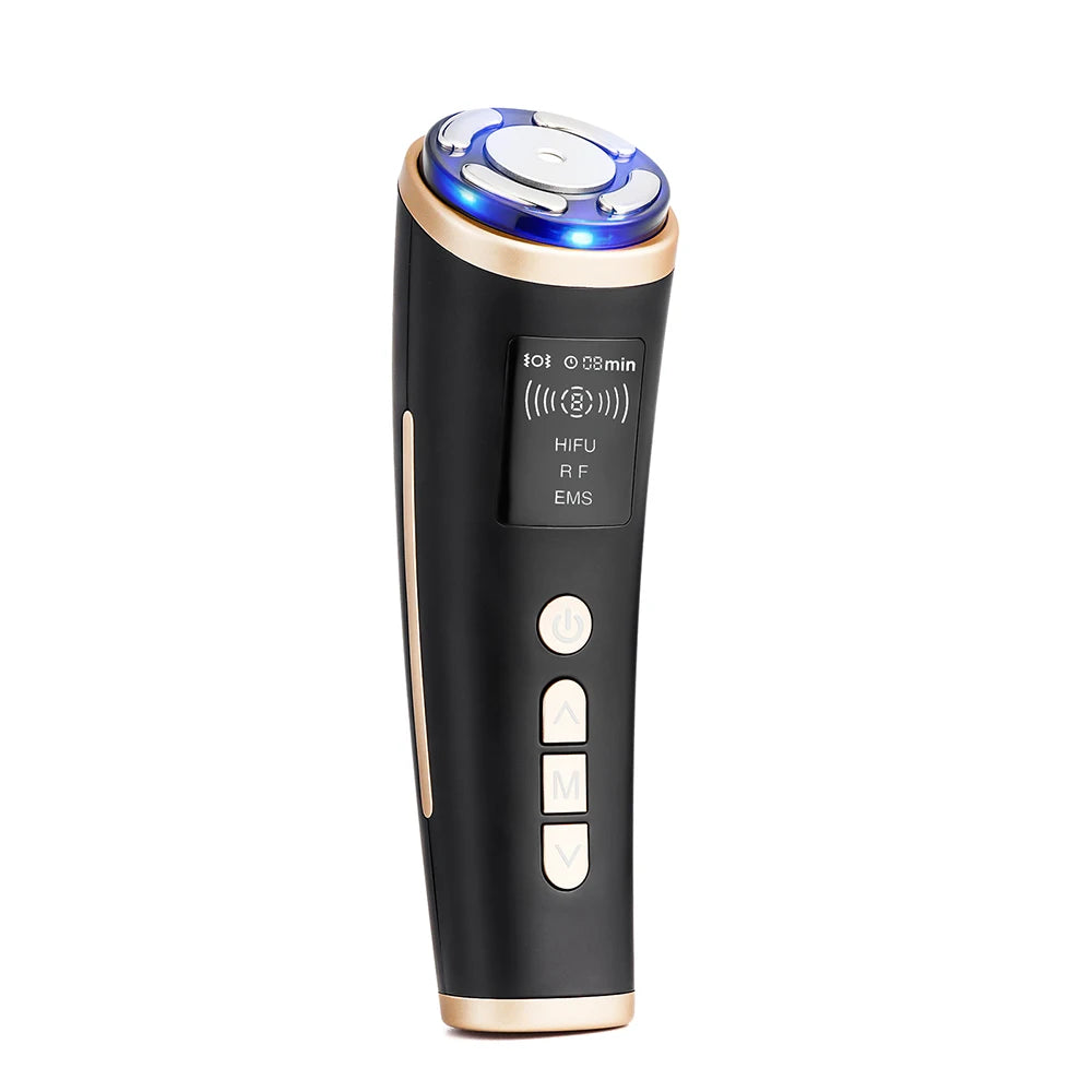Black and gold handheld facial lifting device with LED display and a glowing blue ultrasonic treatment head.
