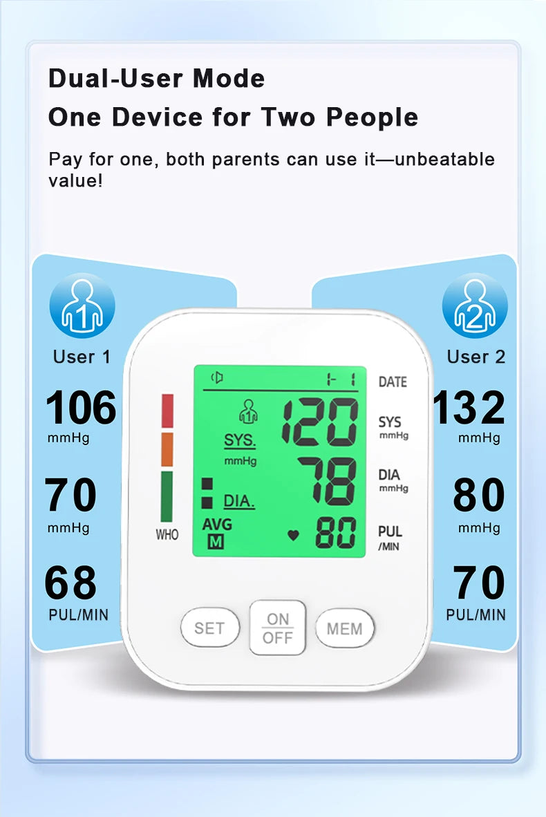 LCD Backlight Blood Pressure Test Kit Upper Arm BP Monitor Automatic Tonometer Digital Sphygmomanometer for Home Use Health Care