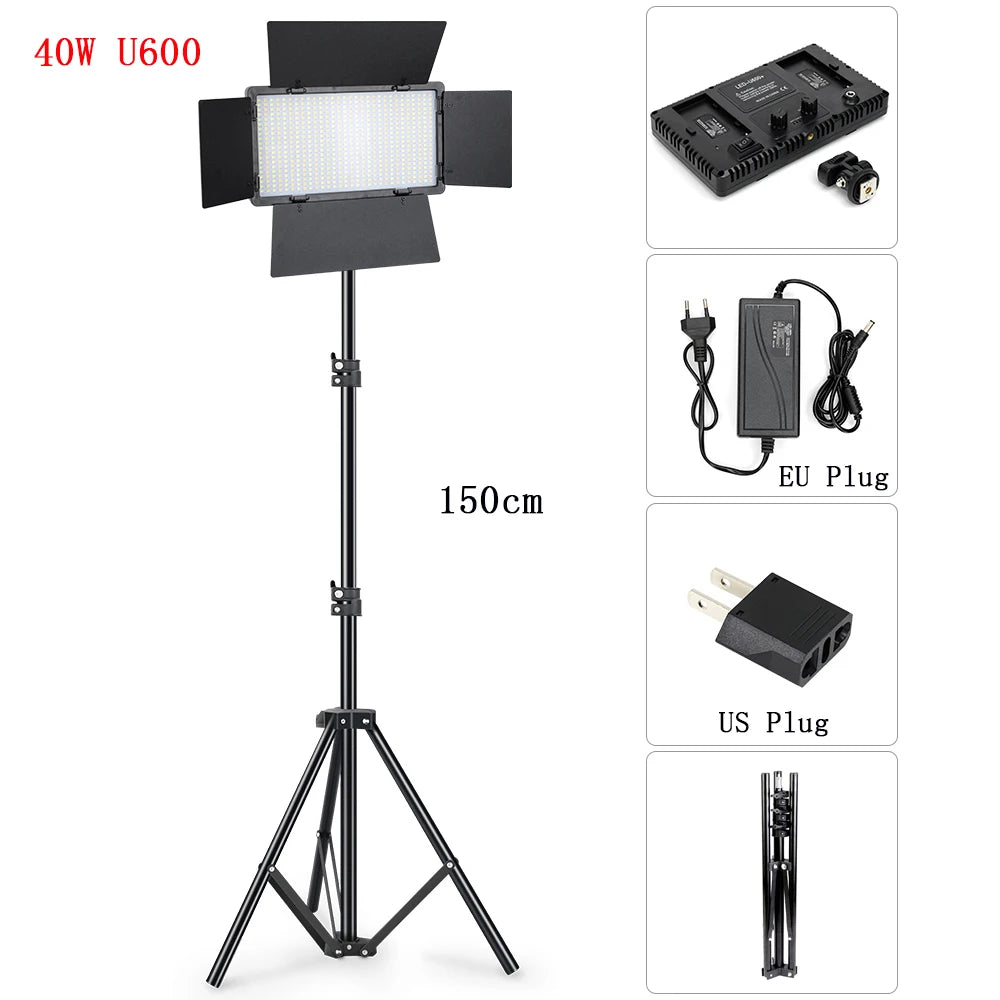 40W U600 LED panel light with adjustable barn doors on a 150cm tripod stand, including EU and US power adapters.