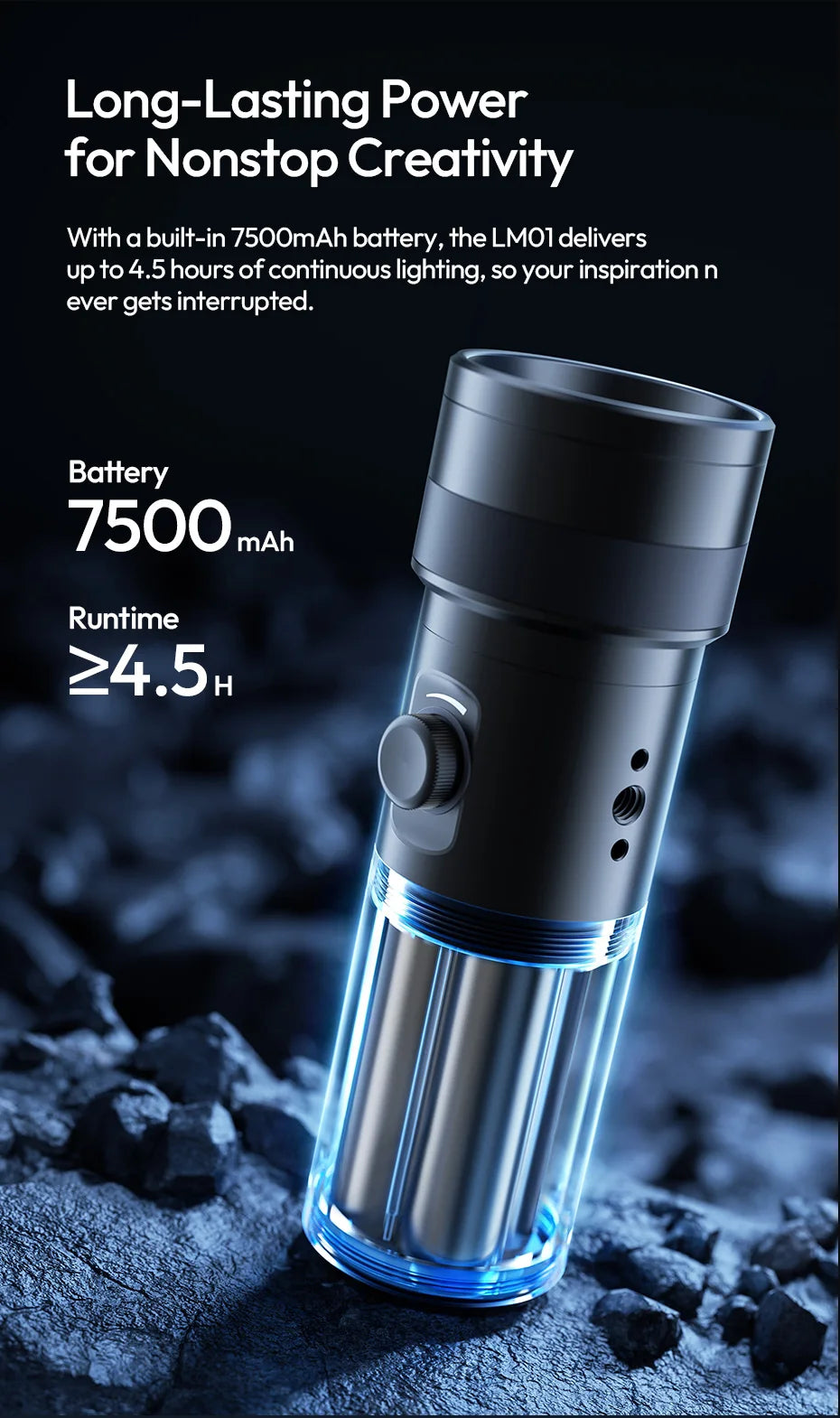 LM01 black handheld cylindrical LED video light with a transparent base and side adjustment dial for photography.
