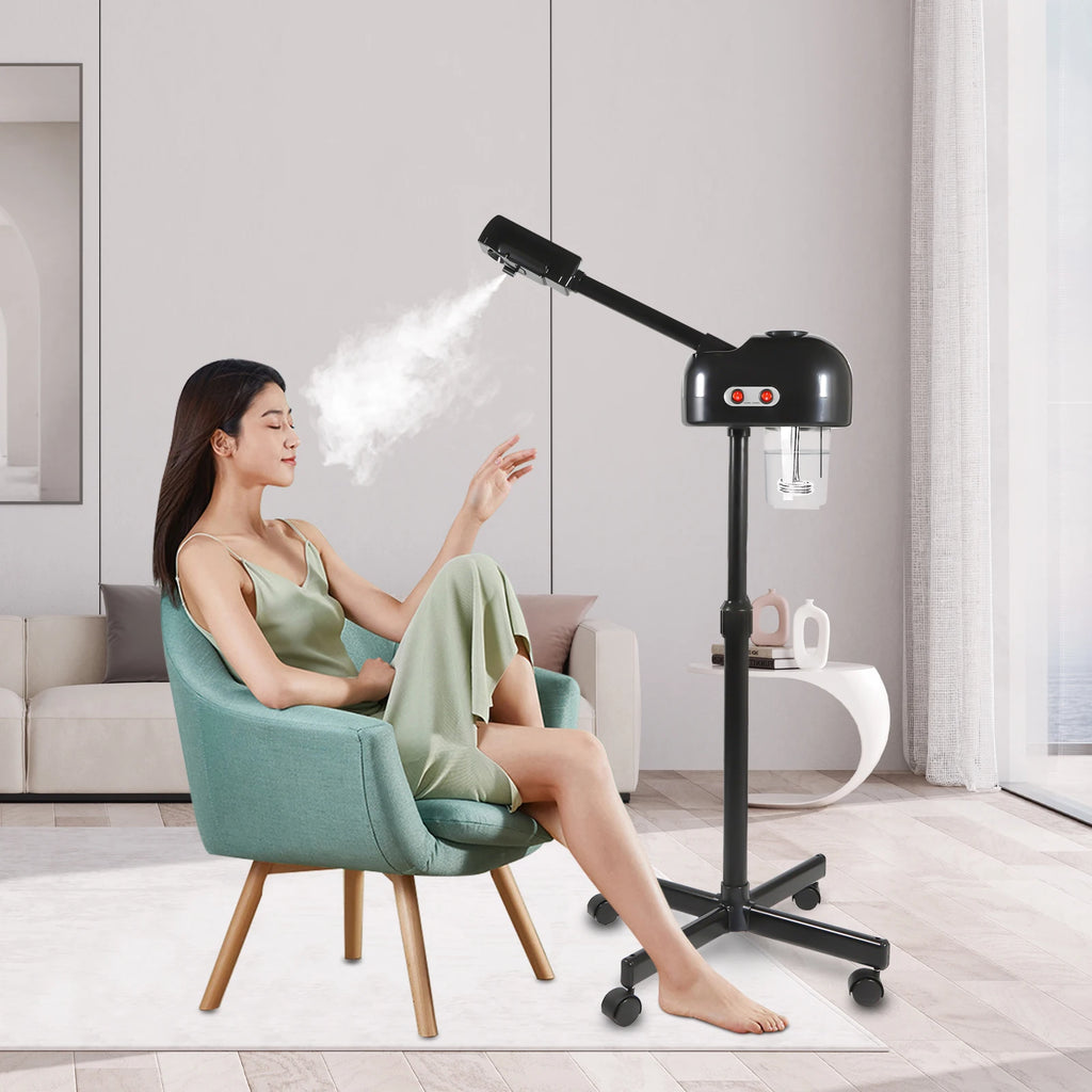 Black 800W portable facial steamer with adjustable stand and 750ml tank, providing deep pore cleaning SPA treatment.