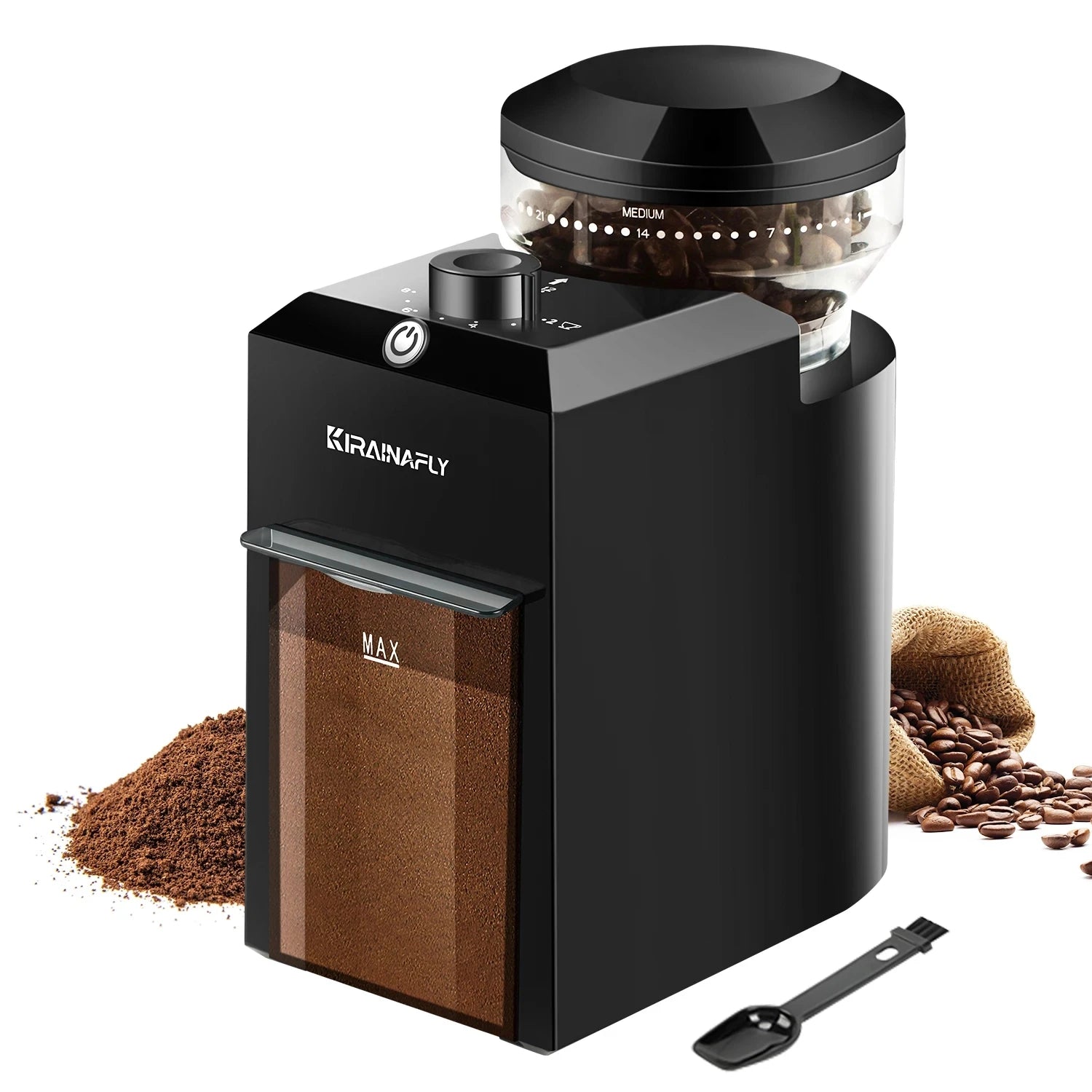 Kirainafly black electric coffee grinder with clear bean hopper, grind settings dial, and ground coffee container.