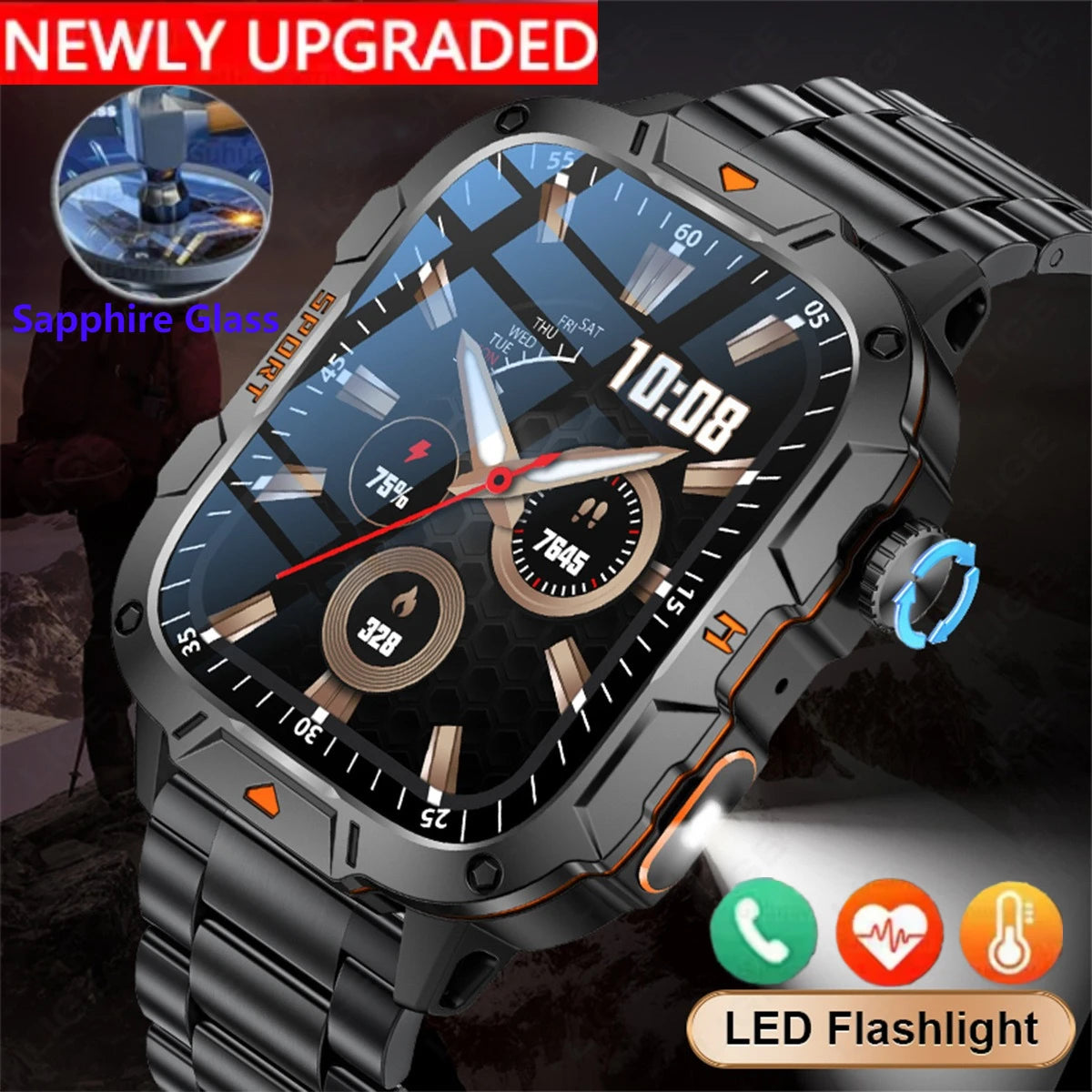 2026 New Military Grade Smart Watch Men 1.96" AMOLED Screen 5ATM Waterproof Sports Fitness Tracker BT Call Smartwatch
