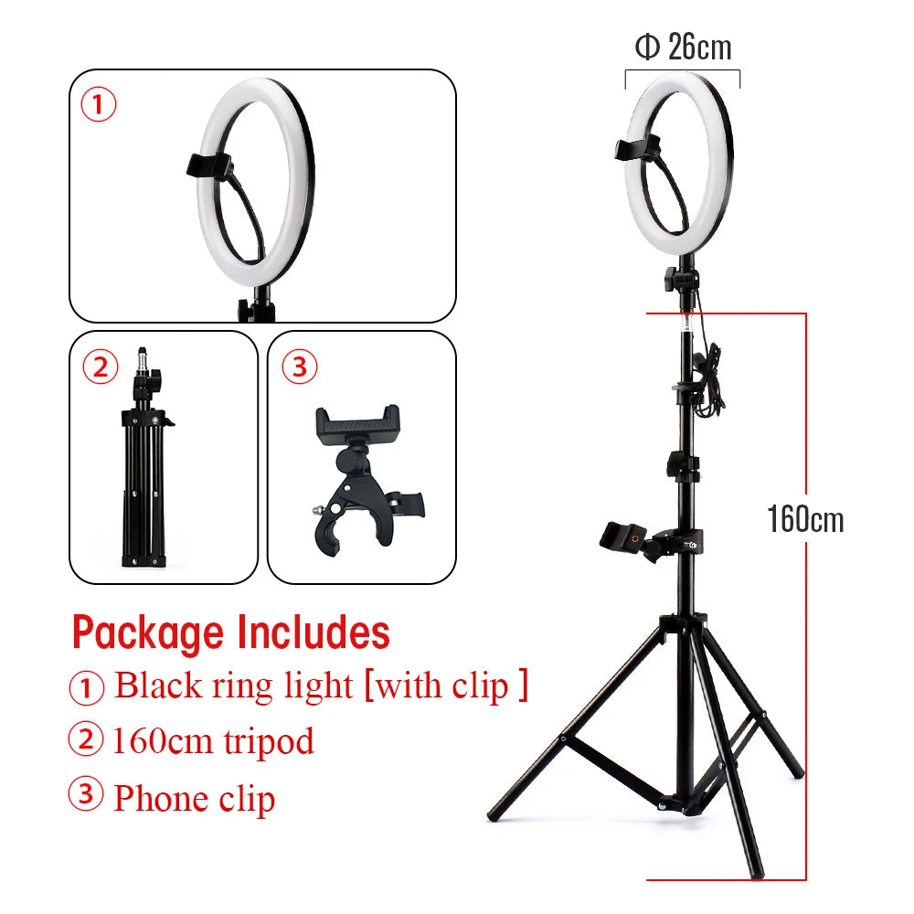 26cm black ring light on a 160cm adjustable tripod stand with a phone clip for photography and video streaming.