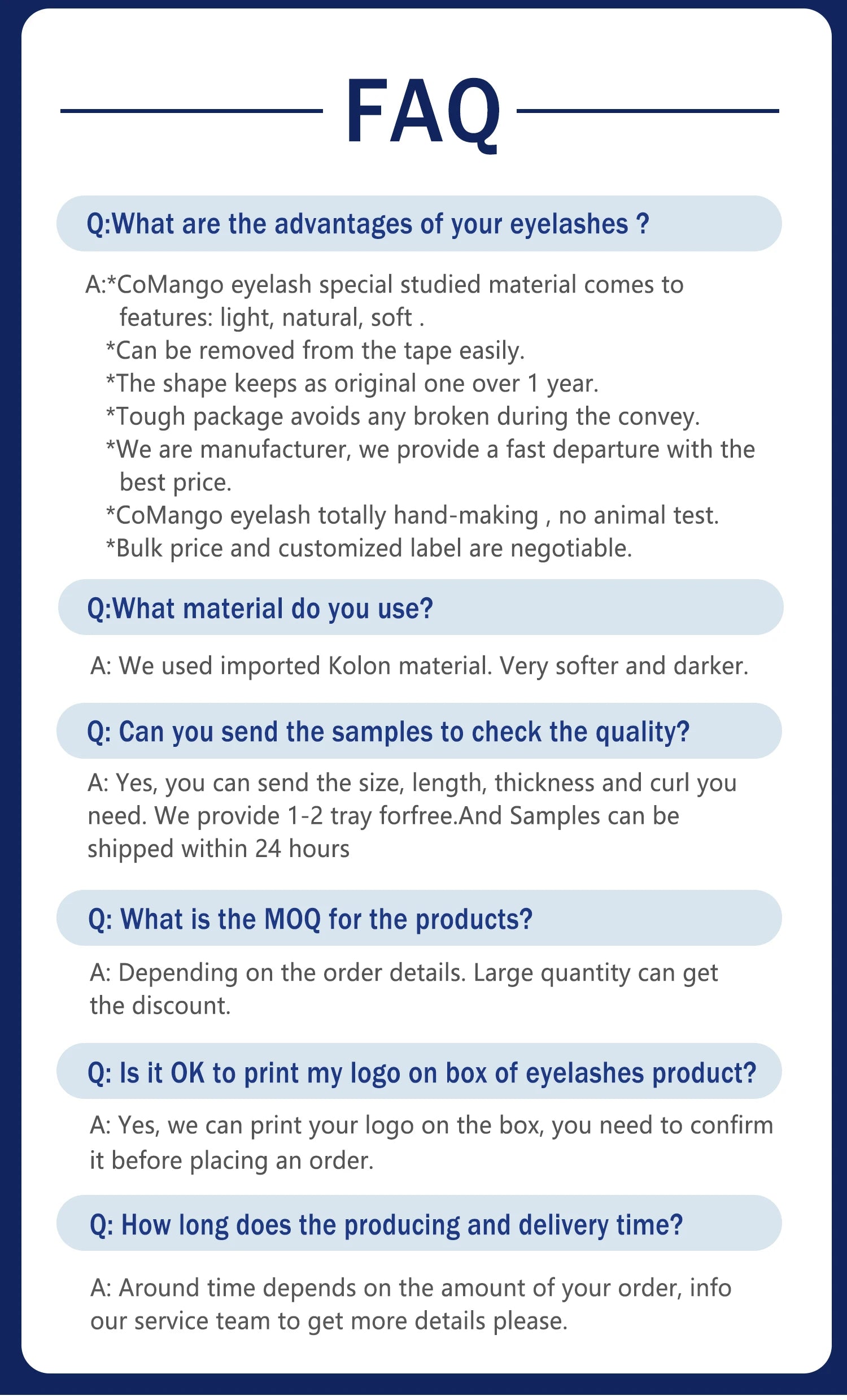 FAQ document for handmade false eyelashes made from soft, dark synthetic Kolon material.