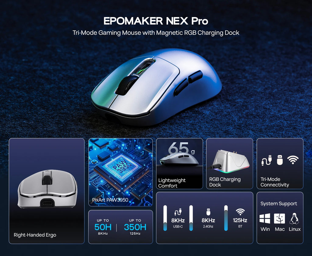 EPOMAKER NEX Pro Tri-mode Wireless Ergonomic Gaming Mouse PixArt PAW3950 Sensor with RGB Charging Dock & 8000Hz Polling/42K DPI