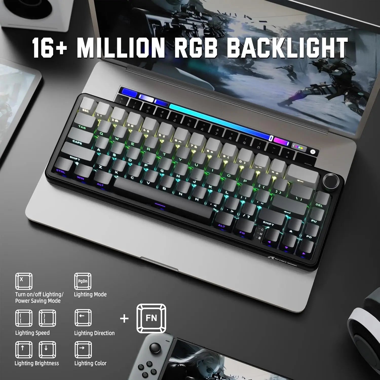 ATTACK SHARK X66 65% Wireless Mechanical Keyboard with Knob, 66 Keys Gasket Hot Swap RGB Gaming Keyboard, Linear Switch,