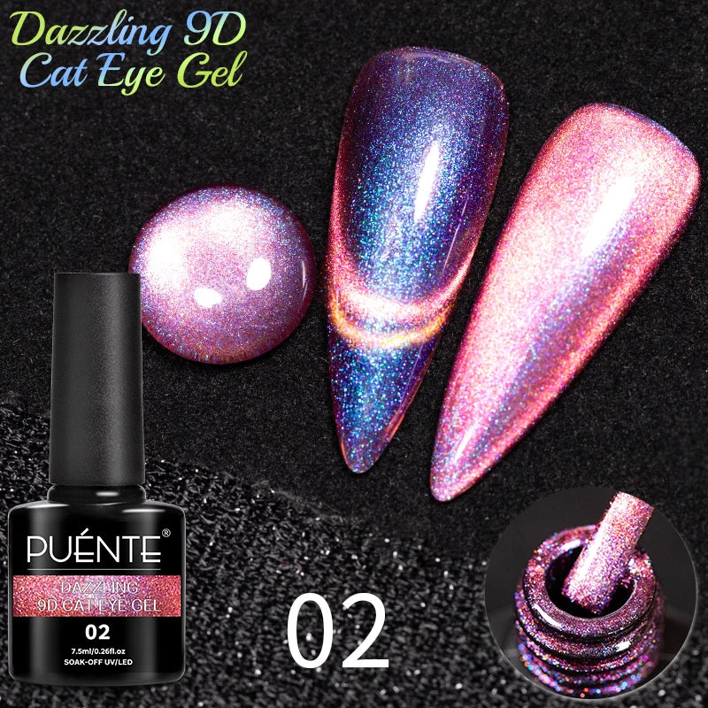 9D cat eye gel polish in pink and purple. Includes a 7.5ml bottle and glossy, magnetic-effect painted nail samples.