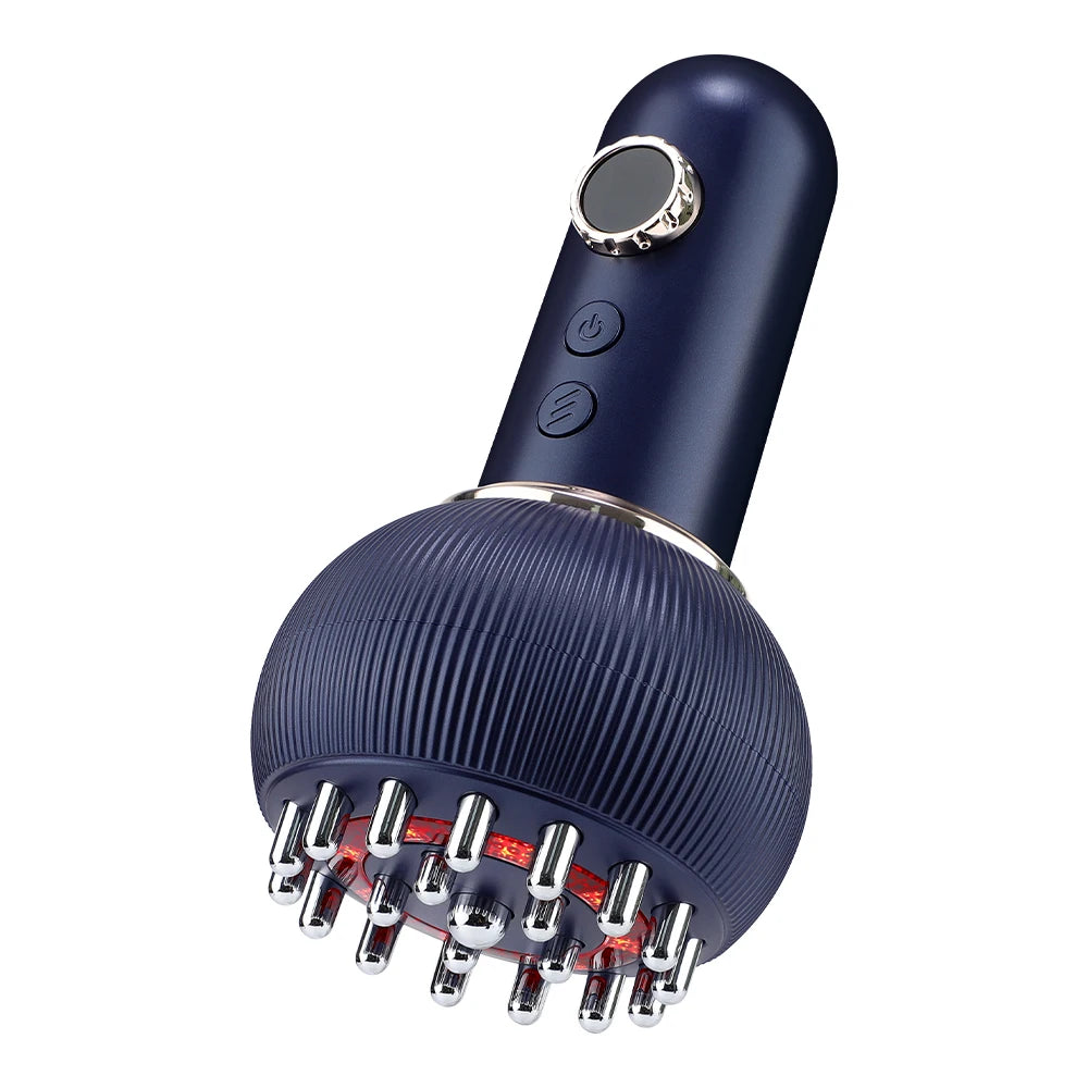 Dark blue electric meridian brush for body massage with 9-gear microcurrent, hot compress, and scraping features.