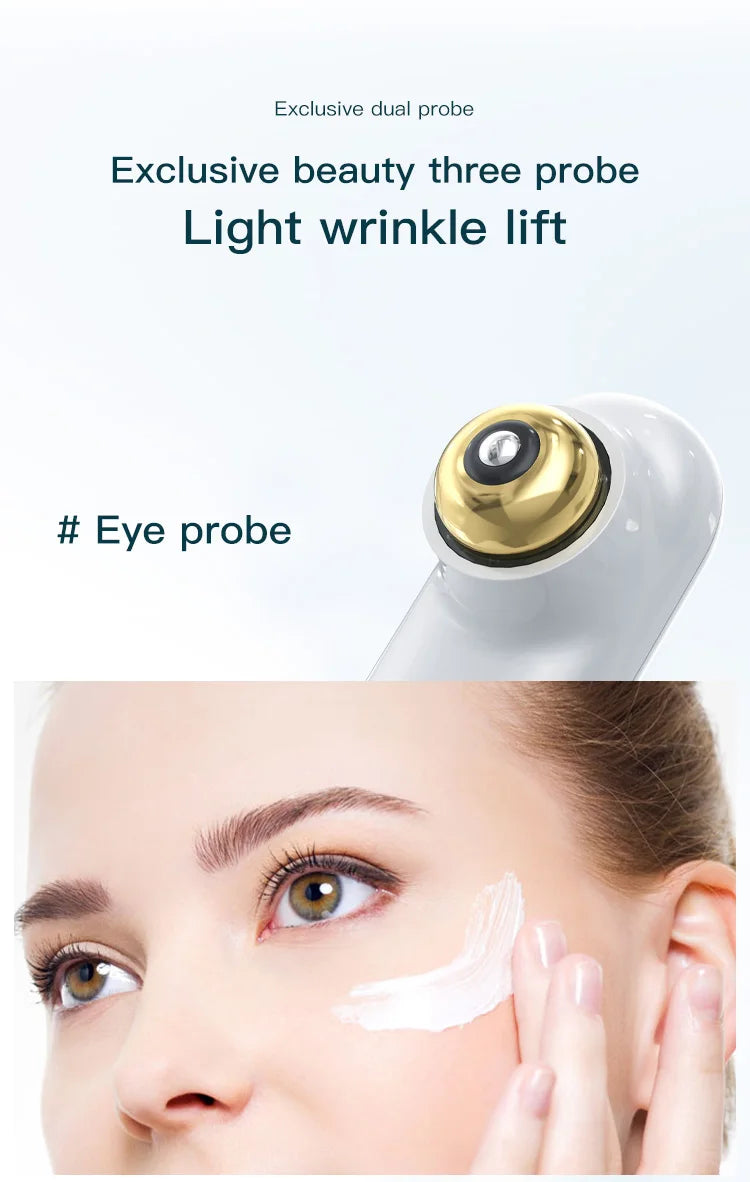 White and gold eye probe beauty device being used on a woman's face with cream. Text reads: Exclusive eye probe.