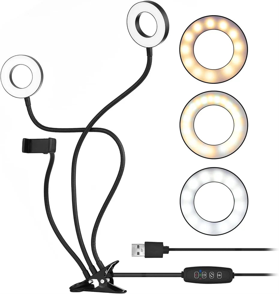 Dual LED ring lights on flexible black goosenecks with a phone holder, desk clamp, USB power, and color controls.