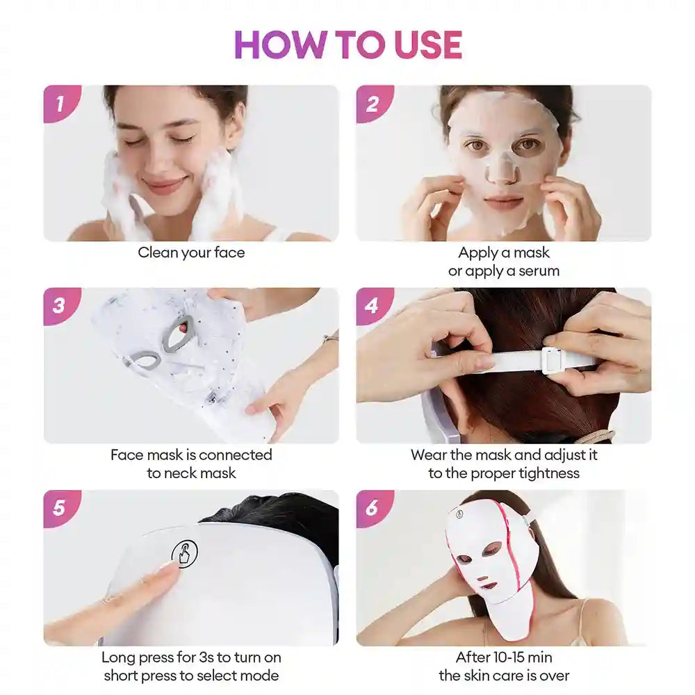 7 Color LED Facial Mask with Neck Light for Skin Rejuvenation Therapy Massage Cushion Tidesmit