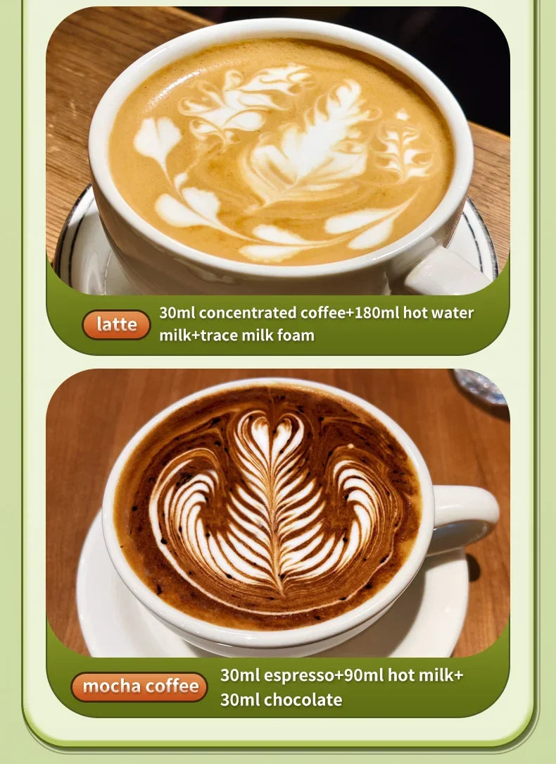 Two ceramic white coffee cups featuring latte and mocha with detailed latte art patterns on a wooden table.
