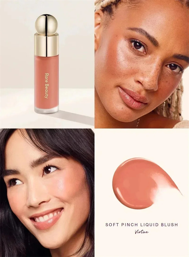 Tidesmit Rare Beauty silky liquid highlighter and soft pinch blusher texture close-up for radiant face makeup glow