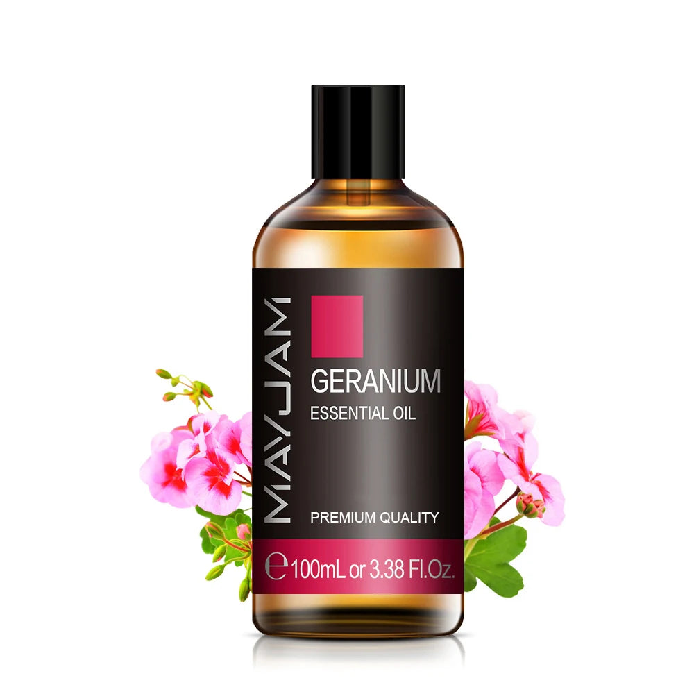 100 ml essential oil bottle, Geranium scent, amber glass with black cap