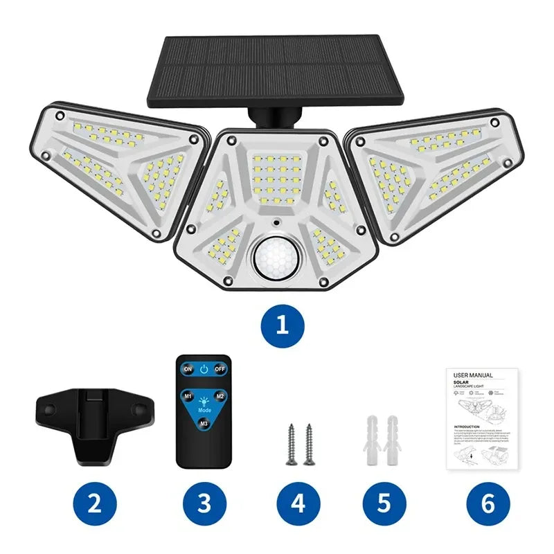 Solar wall light with three LED clusters, solar panel, and included mounting accessories