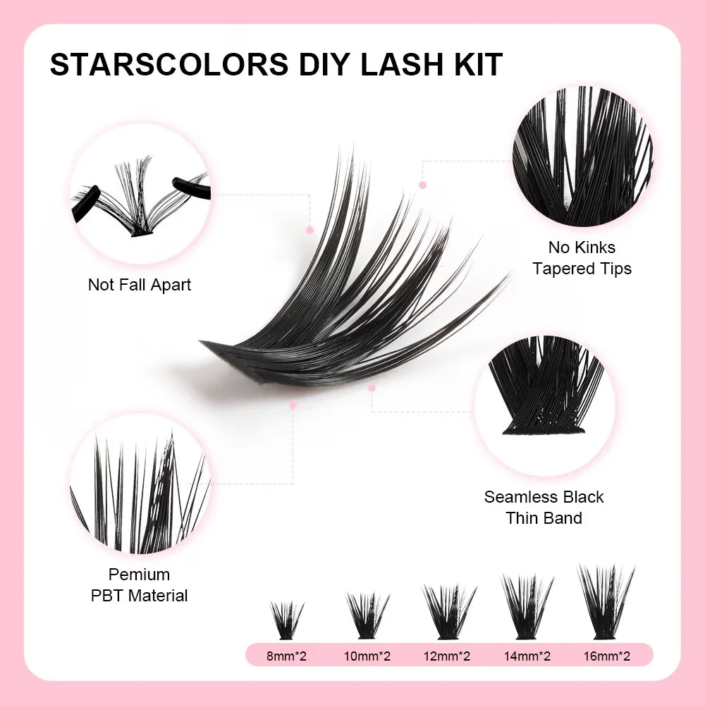 StarsColors DIY lash kit featuring black, tapered PBT fiber clusters with thin bands in lengths from 8mm to 16mm.