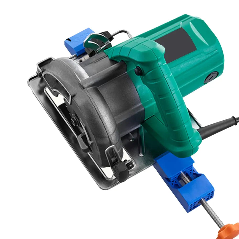 Circular saw with blue edge guide clamp and orange height adjustment knob
