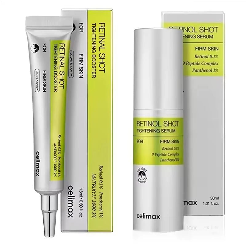 Retinol Shot serum bottle with two tubes and matching product boxes