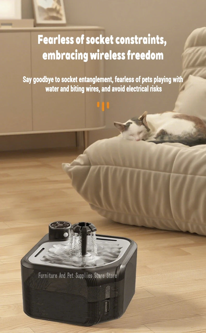 Wireless 2800ml cat water fountain with 3600mAh battery and infrared sensor for safe, cordless hydration.