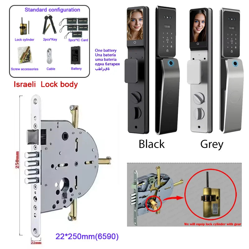 Waterproof  Smart Door Alexa Lock Israel 6590 Mortise Hebrew Tuya Smart Life APP Face Digital Door Lock With Camera