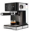 Kafelux stainless steel and black espresso machine with digital touch display, steam wand, and glass coffee cup.