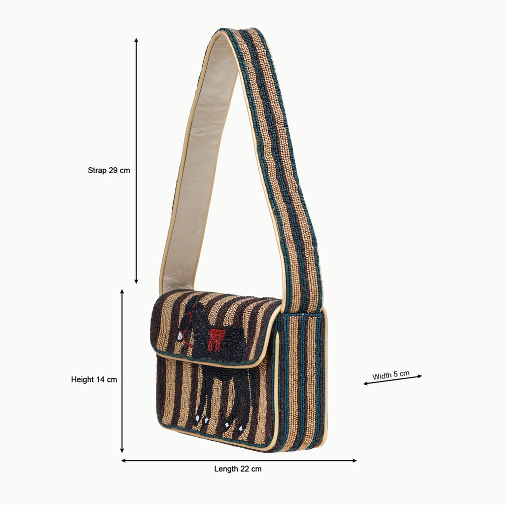 Bohemian beaded shoulder bag featuring a striped pattern and horse design with a single strap for designer handbags.