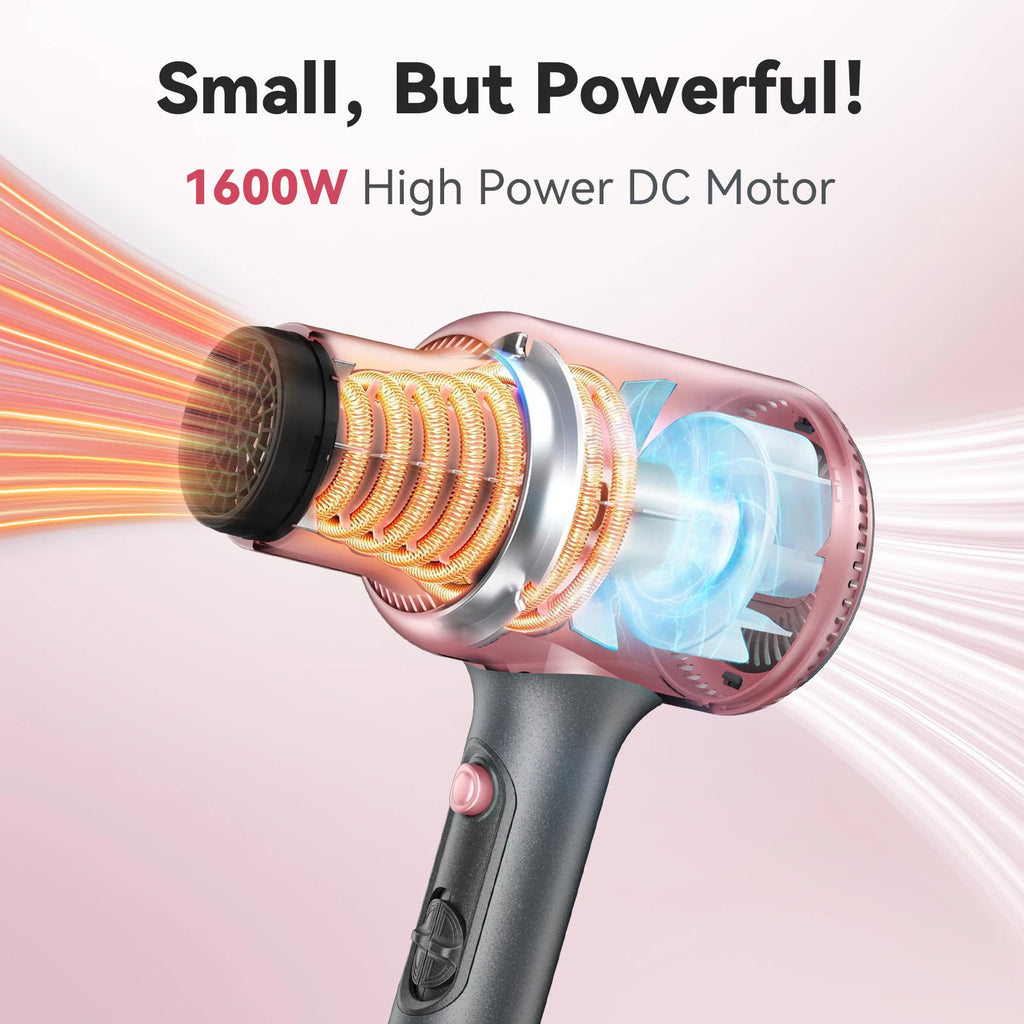 Rose gold 1600W ionic hair dryer with visible internal heating coils and high-speed motor for fast, professional drying.