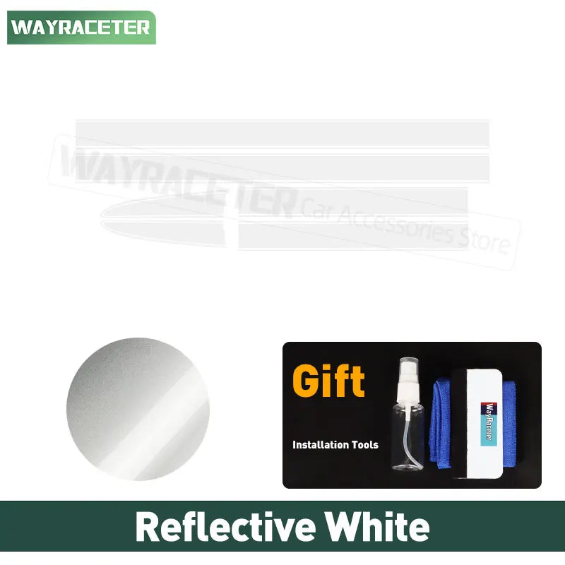 Reflective white vinyl car bonnet stripes for Fiat 500, including an installation tool kit with spray and squeegee.