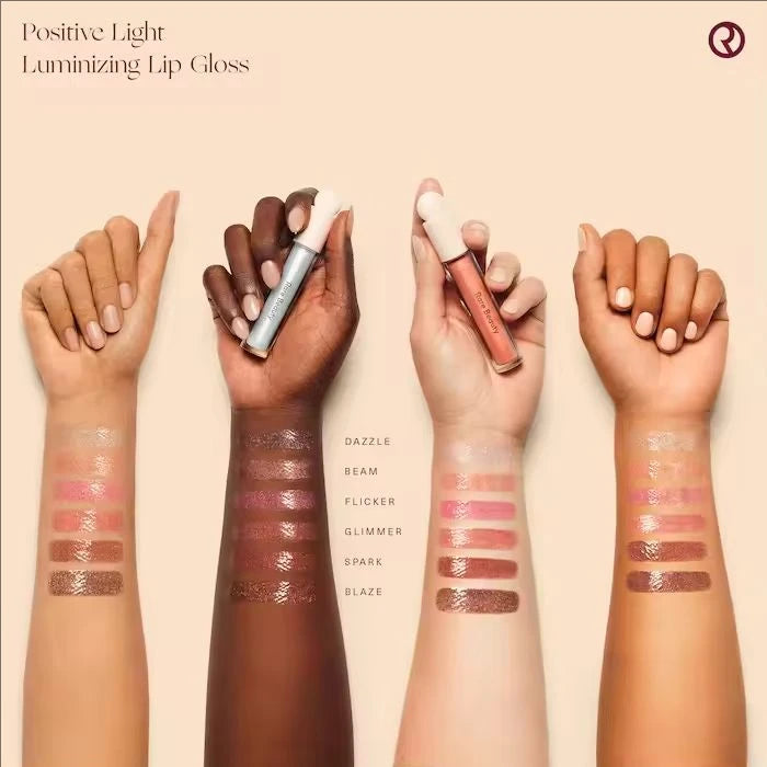 Rare Beauty Positive Light Luminizing Lip Gloss shades swatched on various skin tones for a shiny, moisturized finish.