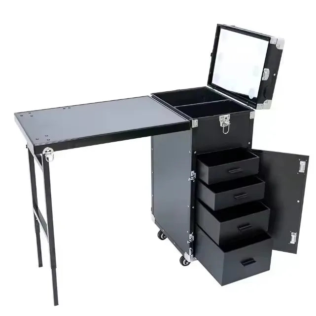 Rolling Manicure Table | Foldable Makeup Train Case - Tidesmit Massage Chairs Black Gold Tidesmit