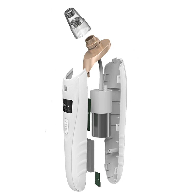 Exploded view of a white electric blackhead remover with a gold nozzle, internal motor, and clear suction tip.