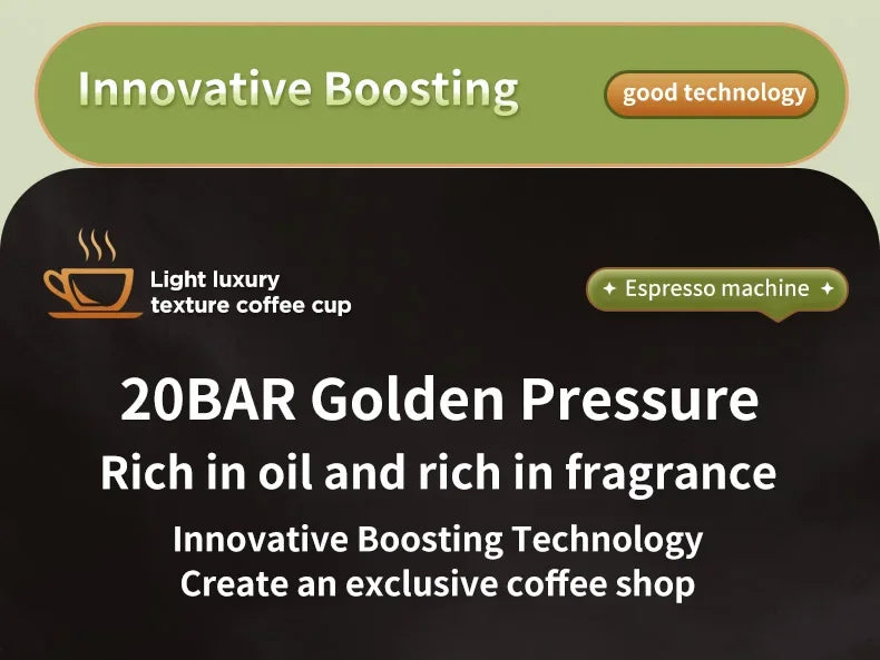 20-bar espresso machine with innovative boosting technology for rich, fragrant coffee in a luxury home cafe setting.