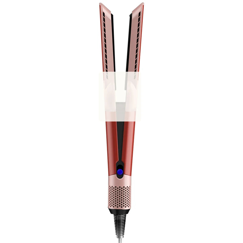 Rose gold 2-in-1 hair straightener and dryer with negative ion heating plates and sleek professional ergonomic design.