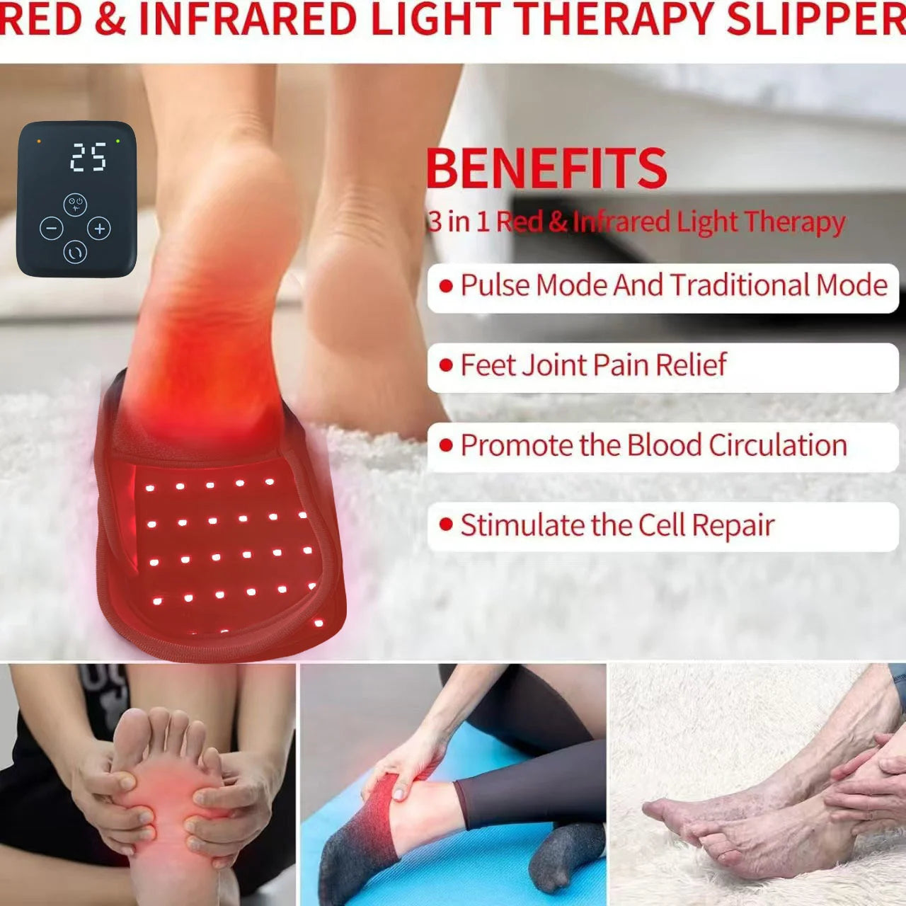 Portable red light therapy slippers for foot pain relief with wireless controller and infrared LED joint treatment.