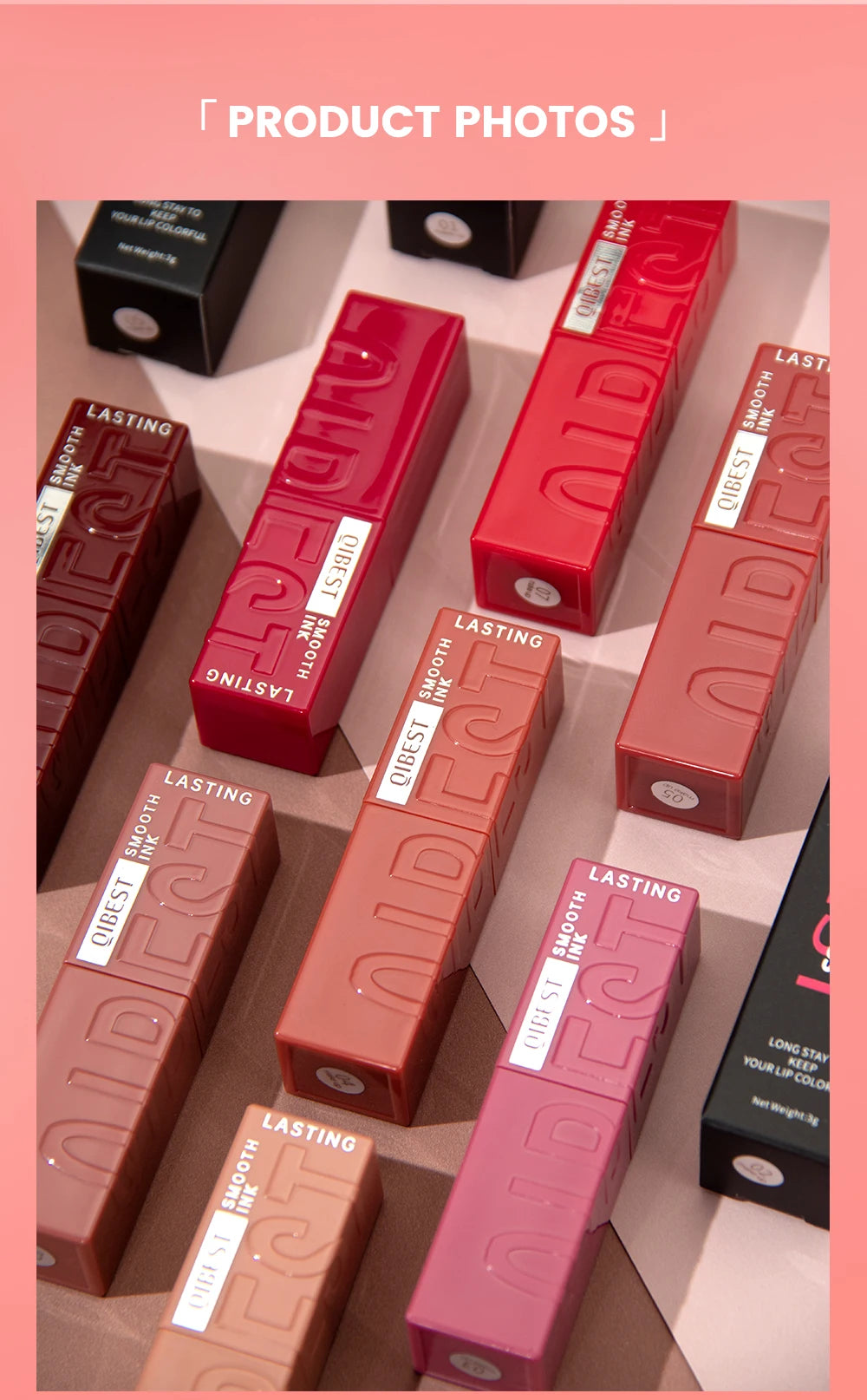 QIBEST glossy liquid lipstick collection in various shades of red and pink with mirror-shine finish and lasting tint.