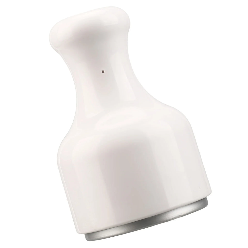 White, hourglass-shaped ice facial roller with a smooth finish and a flat, circular metallic base.