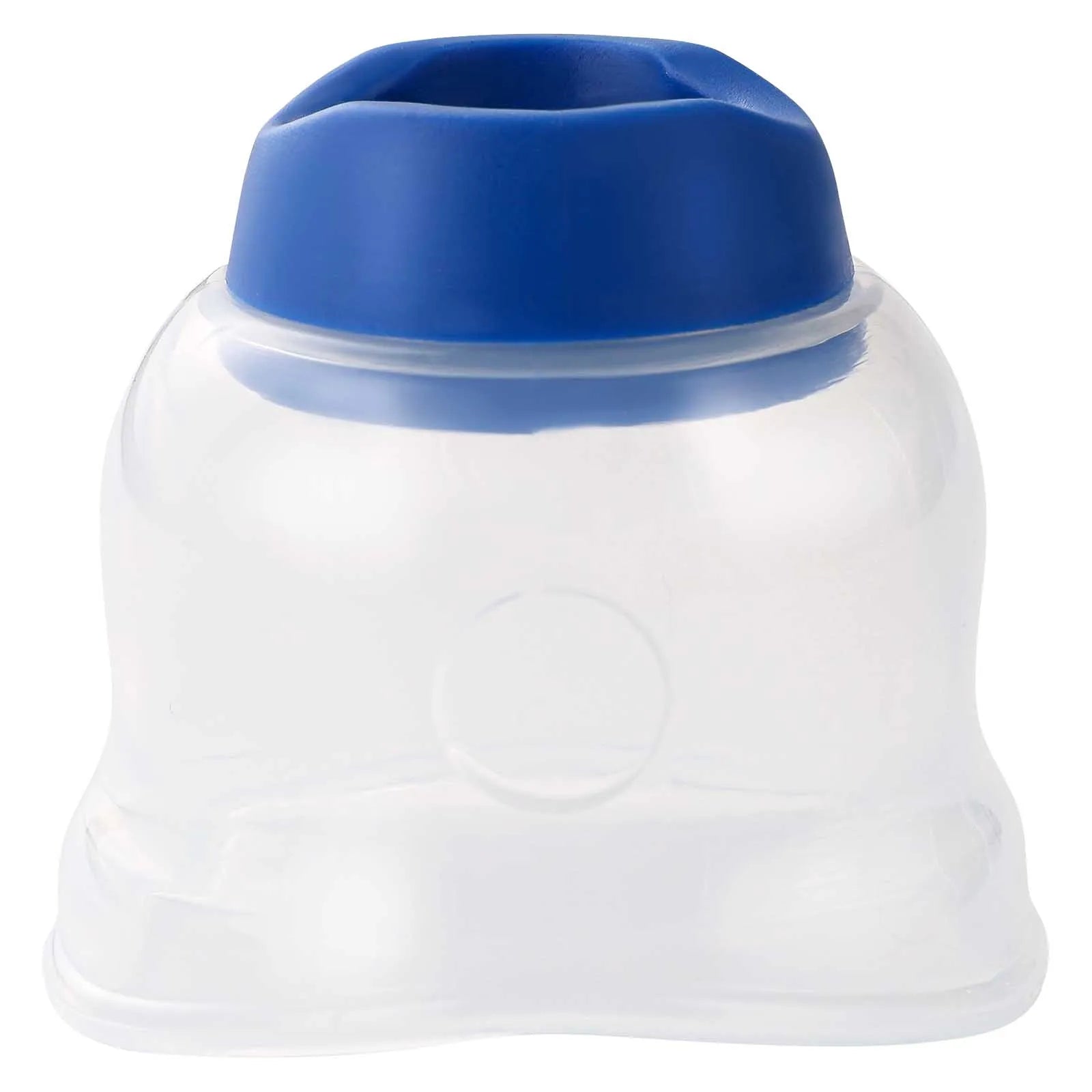 Clear reusable eye drop guide with blue silicone top for easy, precise bottle application and eye drop assistance.