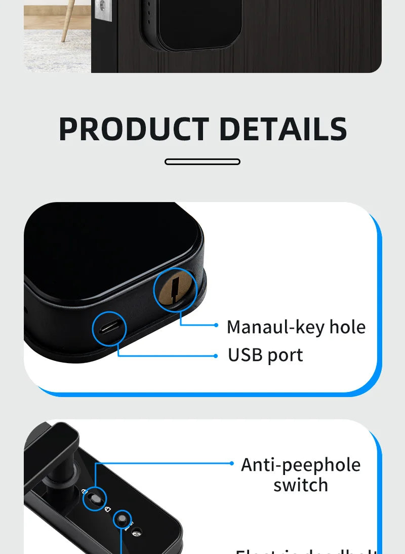 XSDTS New Tuya Wifi Digital Electronic Smart Door Lock With Biometric Camera Fingerprint Smart Card Password Key Unlock